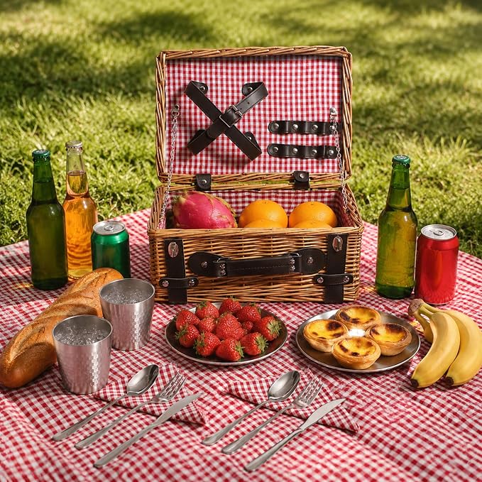 Picnic Basket Set for 2, Wicker Picnic Baskets with Waterproof Blanket and Cutlery Service Kit, Willow Hamper for Camping, Outdoors, Valentine's Day, Christmas, Birthday, Wedding Gift