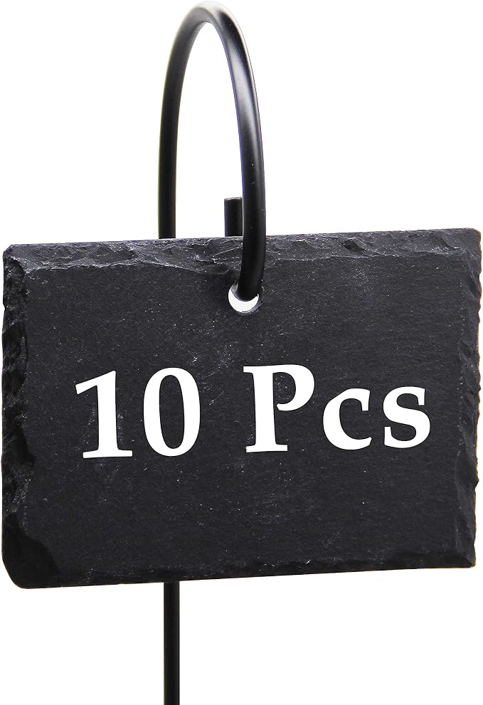 FORUP Plant Labels, 10pcs Garden Markers Signs Labels, Weatherproof Reusable Natural Slate Hanging Tags on Stainless Steel Metal Rod for Flower Bed, Pots, Planters