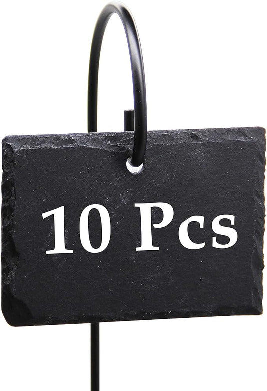 FORUP Plant Labels, 10pcs Garden Markers Signs Labels, Weatherproof Reusable Natural Slate Hanging Tags on Stainless Steel Metal Rod for Flower Bed, Pots, Planters