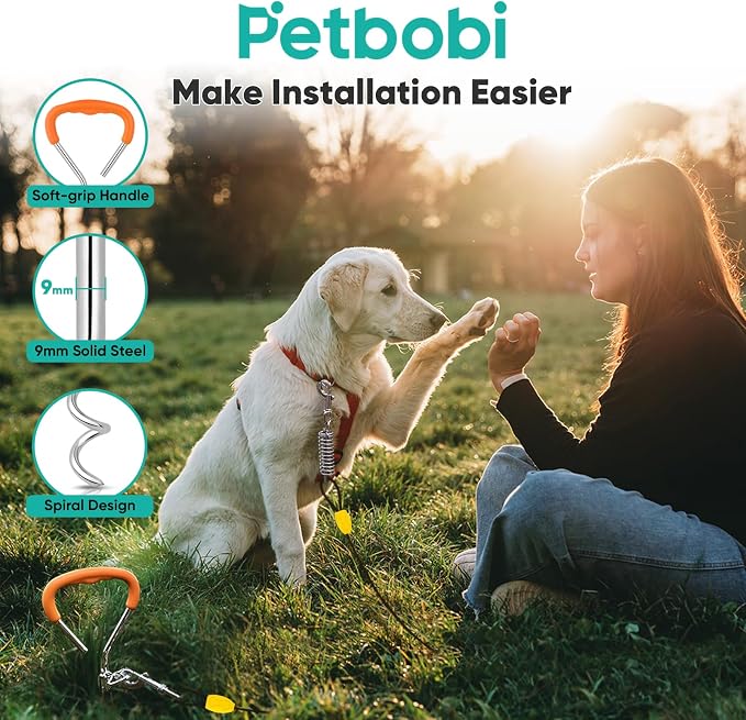 Petbobi Dog Tie-Out Cable and Stake - 30ft Heavy Duty Cable with Spring, No Tangle, 16in Ground Stake, Ideal for Outdoor Yard, Camping, Suitable for Small Medium Large Dogs Up to 120 lbs, Black