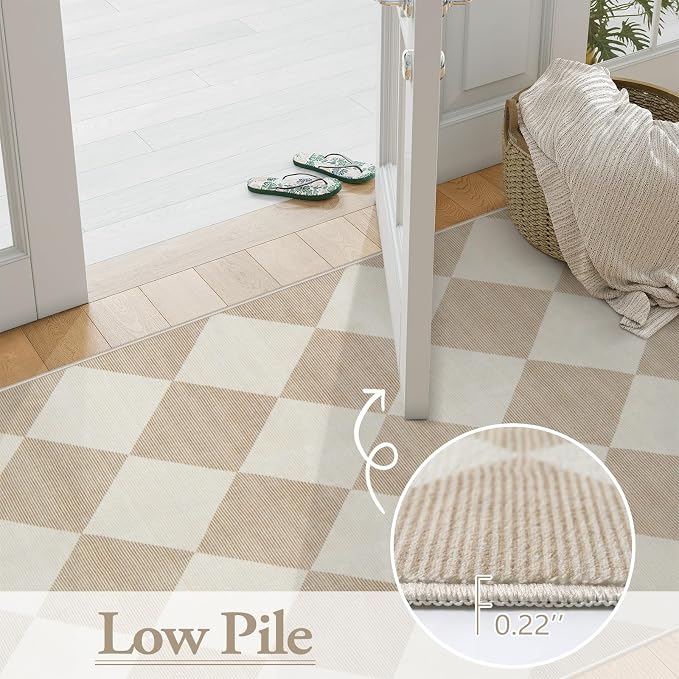 Beeiva Checkered Print 5x7 Washable Area Rugs for Bedroom, Non Slip Ultra Thin Beige Rugs for Living Room, Geometric Plaid Dorm Decor Soft Low Pile Carpet for Office Kids Room Classroom