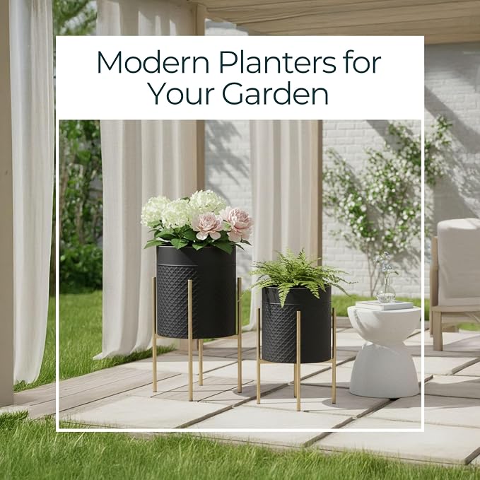 Decorative Flower Pots with Metal Stand for Home Decor - Modern Planters for Hallway, Entryway, and Living Room Decor - Indoor and Outdoor Pots for Plants - Set of 2, 23", 19", Black & Gold