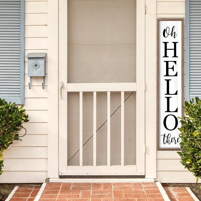 Oh Hello There Outdoor Welcome Sign For Front Porch Standing 45"X9" Large Rustic Farmhouse Vertical Tall Long Wooden Framed Outside Front Door Home Wall Decoration (Wood White)