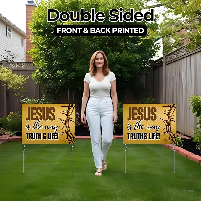 Jesus is the Way, Truth & Life! Yard Sign by DC | 24"x18" Double Sided Church Garden Sign with 13” Metal Stakes | Outdoor Signs Waterproof for Lawn, Patio, Sidewalk & House | Set of 5 | Made in USA
