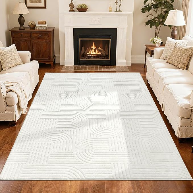 SHACOS Soft Cozy Fluffy Arch Pattern High Low Pile Area Rugs 9'x12' Large Non Slip Washable Modern Geometric Rug Scandinavian Minimalist Carpet for Living Room Bedroom Dining Room, Cream White
