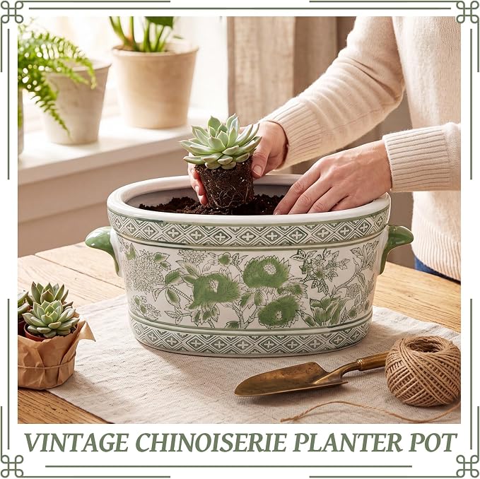 LemonRoad Green and White Ceramic Planter Pot 14 x 7.7 x 6.1 Inches Porcelain Vintage Floral Oval Cachepot Vase Chinoiserie Decor for Indoor Plants Succulents Home((Peony Style)