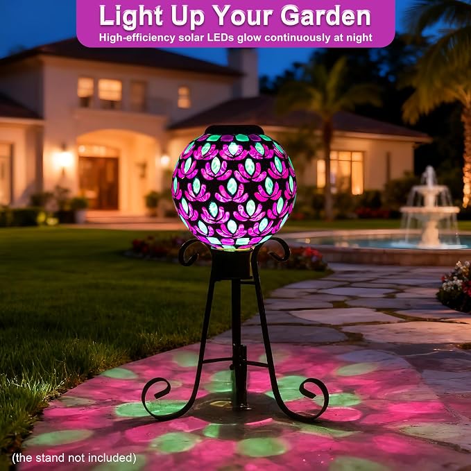 SAVENNA Mosaic Solar Gazing Ball 8 Inch,Glass Garden Globe with Auto On/Off for Yard, Lawn & Outdoor Decor,Purple Blue