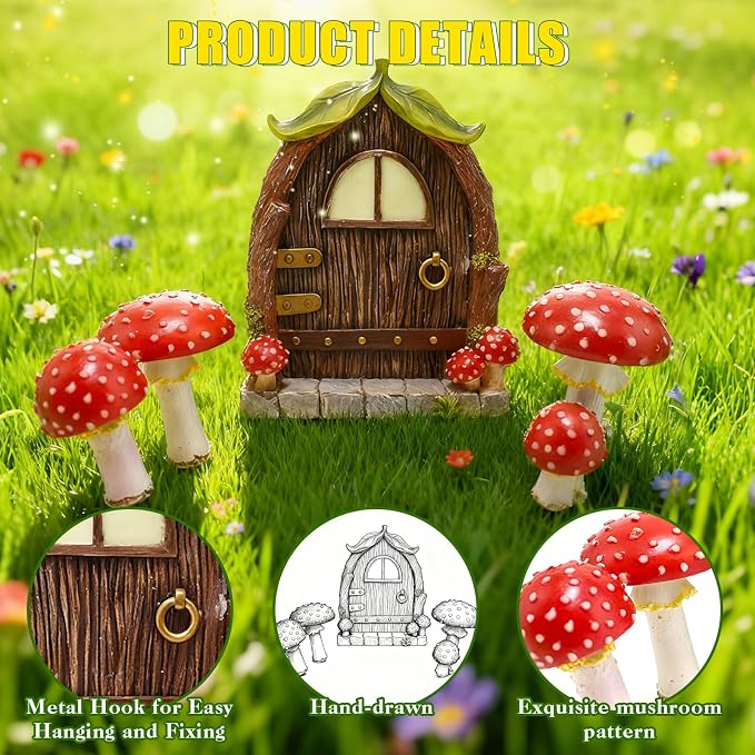Mushroom Fairy Door for Tree, Miniature Fairy Garden House Decor Accessories, Glow in The Dark Yard Art Outdoor Statues Fairy House Kit for Gnome, Outdoor Yard, Stump, Lawn