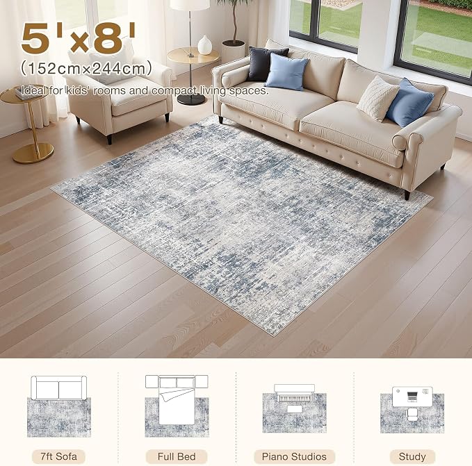 kakania Abstract 5x8 Area Rugs for Living Room: Washable Rugs Blue Grey | Soft, Non-Slip, Low-Pile, Pet & Kid Friendly - Modern Home Decor Carpet for Bedroom/Dining Room/Office/Nursery