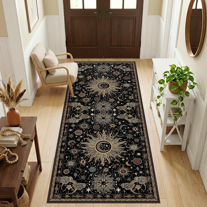 Vacuum-Friendly, 2x6 Washable Area Rug, Black Green Beige | Sun and Moon Boho Gothic Non-Slip Low Pile Living Roon Bedroom Dining Room Kitchen Entry Entryway Entrance Hallway Doormat