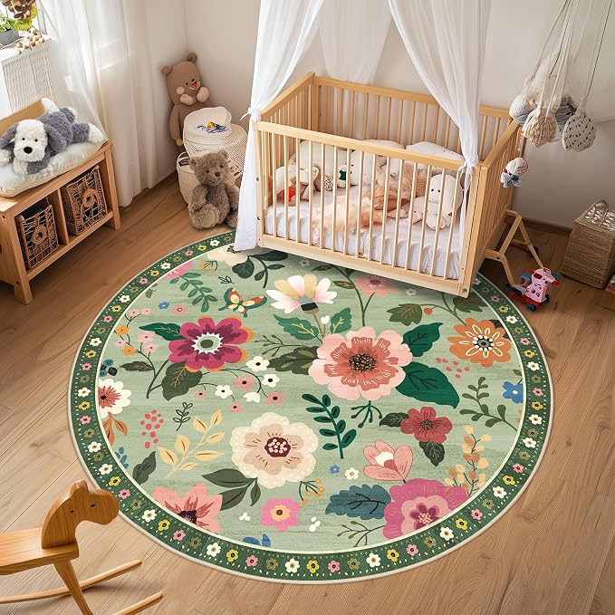 RELEANY Floral Washable Round 8ft Area Rug LightGreen | Flower Carpet, Print, Boho, Non-Slip, Easy to Clean, Soft, Low Pile for Living Room Bedroom Kitchen Office Entryway Hallway