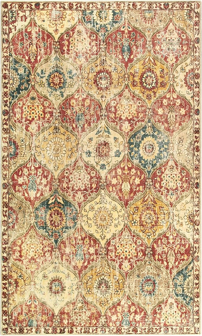 Lahome Moroccan Washable Small Area Rug, 3x5 Rug for Bedroom Living Room | Trellis Non-Slip Oriental Accent Throw Carpet for Kitchen Office Entryway Bathroom Office Elise, Red Orange