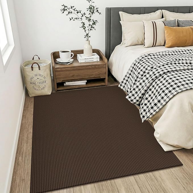 KOZYFLY Washable 4x5 Entry Woven Area Rug, Braided Throw Rugs for Entryway, Non Slip Door Mat Indoor Entrance, Flatweave Carpet for Foyer, Bedroom, Dining, Office, Brown/Dark Brown