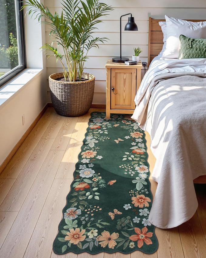 Lahome Floral Green Rugs for Entryway, 2X3 Washable Kitchen Rugs Non Slip | Soft Rug Ultra-Thin Indoor Door Mat Boho Small Throw Carpet for Bathroom Bedroom Flore (2x3ft, Dark Green)