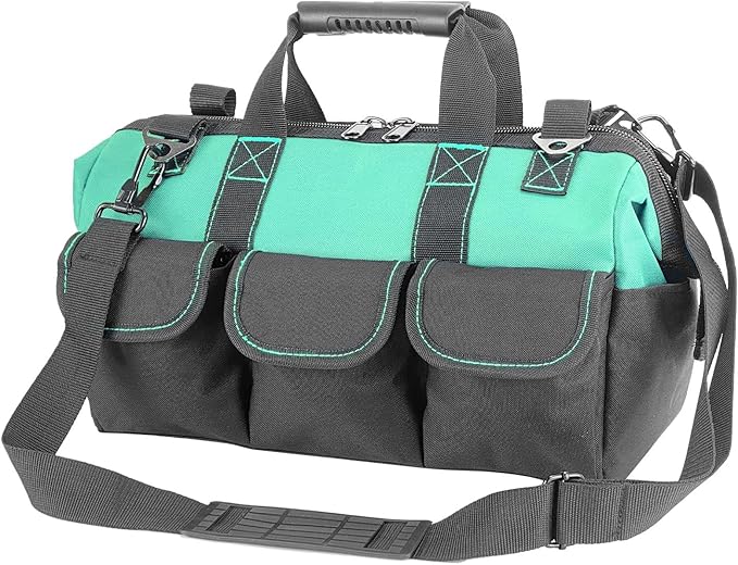 16-inch tool box Non-slip feet adjustable shoulder strap 14 functional insert pockets,large capacity Men's heavy-duty toolbox,for electricians, carpentry,gardening (Cyan Blue)