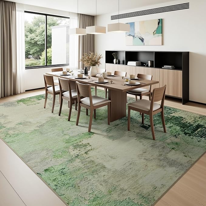 Joydeco Washable 8x10 Light Green Abstract Low Pile Living Room Area Rugs | Non-Slip Soft Stain Resistant Machine Wash Modern Pet Child Friendly Carpet for Bedroom Dining Room Home Office Playroom Rug