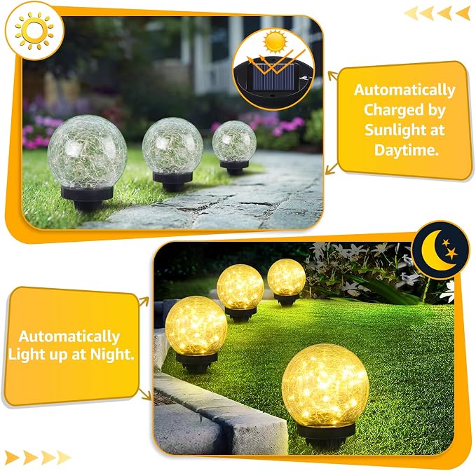 ASOMST 2-Pack Garden Solar Lights Outdoor, Cracked Glass Ball Light Waterproof, Decorative Solar Globe Lights Warm White for Yard Pathway Patio Lawn
