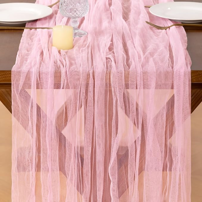 Socomi Pink Cheesecloth Table Runner Tulle Gauze Cheese clothBoho Rustic 120 inch 10FT Runner for Wedding Party Baby Shower Birthday Holiday Decorations 3pcs