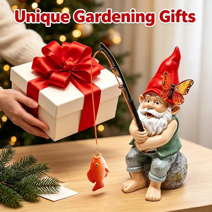 Fishing Gnome Garden Outdoor Statues, Solar Gnome with Butterfly Lights | Waterproof Gnomes Decorations for Yard, Birthday Gifts for Mom Women Christmas, Figurines Decor Patio Porch Lawn Ornaments