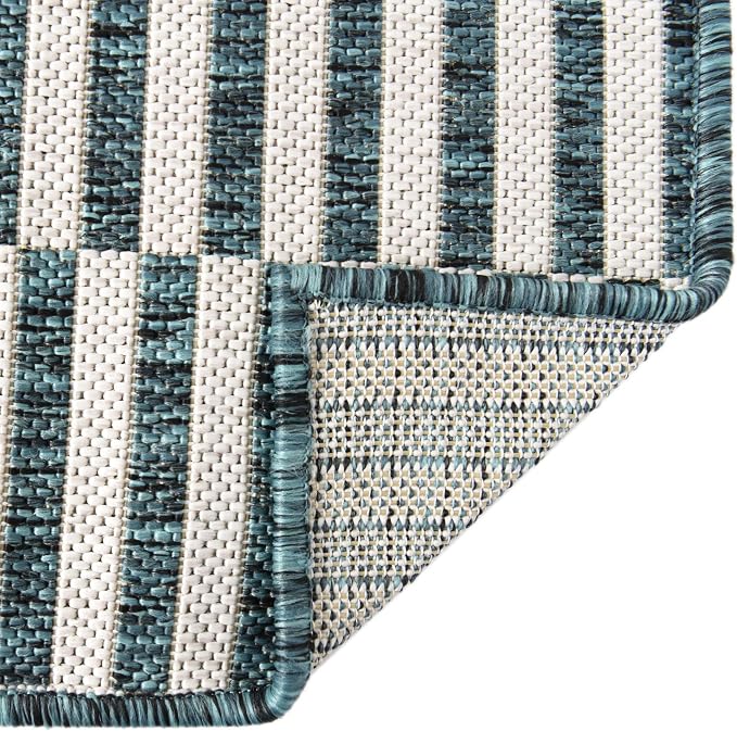 Unique Loom Outdoor Striped Collection Area Rug - Striped (2' x 6' 1" Runner, Teal/Ivory)