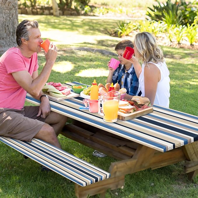 Picnic Table Cover with Bench Covers Elastic Edges, Brown Tripes Camper Fitted Table Cover, Outdoor Patio Camping Essentials 72 Inch 3PCS, Waterproof Camping Fitted Tablecloth with Drawstring Bag
