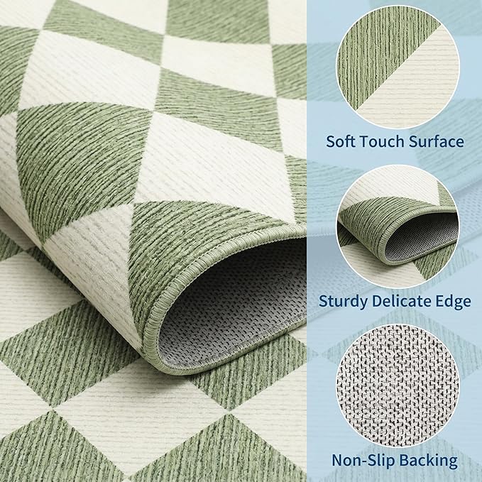 GarveeHome 3x5 Checkered Area Rug Non Slip Washable Entryway Bedroom Rug | Modern Geometric Plaid Sage Green Carpet Classic Throw Mat for Kitchen Bedside Kids Room Office Dining Room