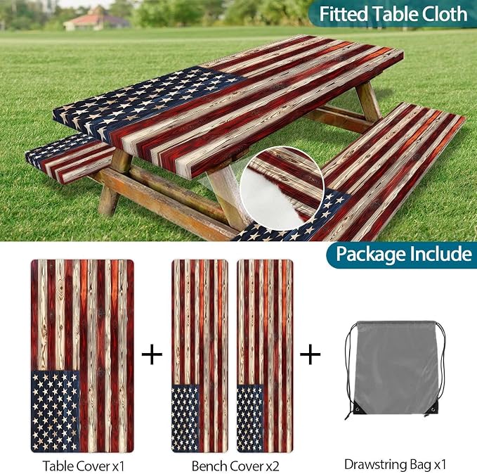 Picnic Table Cover with Bench Covers Elastic Edges, American Flag Wooden Camper Fitted Table Cover, Outdoor Camping Essentials, Waterproof Camping Fitted Tablecloth with Drawstring Bag, 60In 3PCS