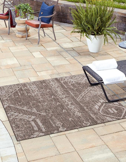 Unique Loom Outdoor Bohemian Collection Area Rug - Anthro (7' 1" Square, Brown/ Ivory)