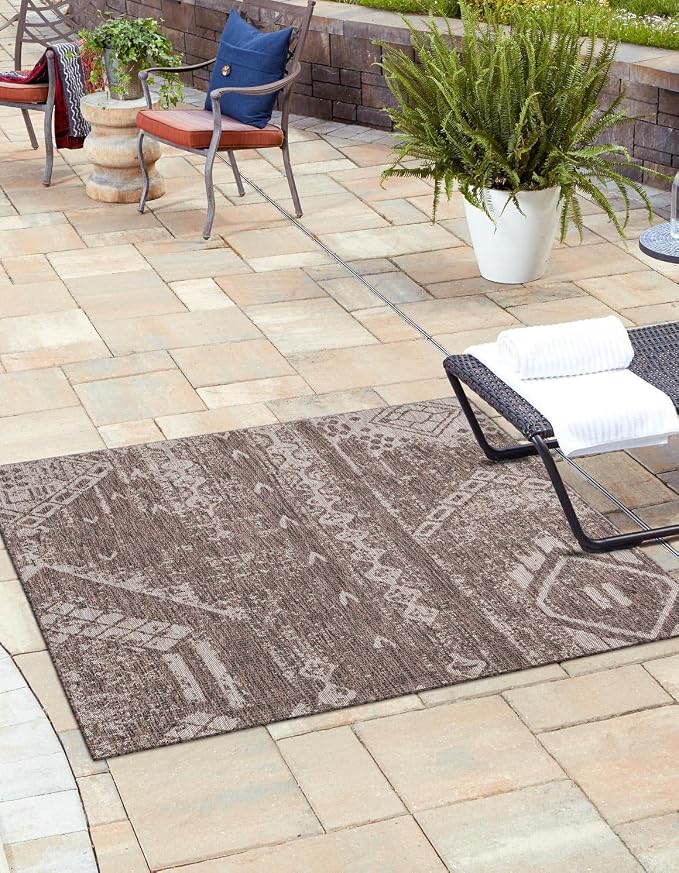 Unique Loom Outdoor Bohemian Collection Area Rug - Anthro (10' 8" Square, Brown/ Ivory)