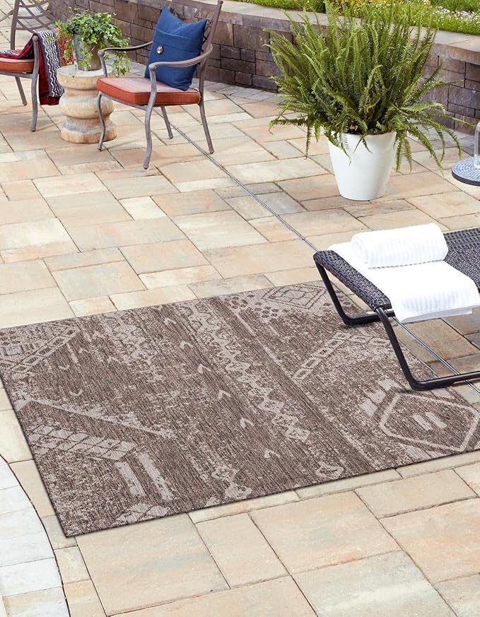 Unique Loom Outdoor Bohemian Collection Area Rug - Anthro (5' 3" Square, Brown/ Ivory)