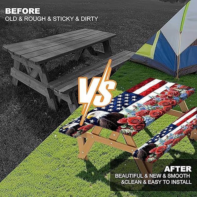 Picnic Table Cover with Bench Covers and Bag, American Flag Eagle Summer Camping Essentials Outdoor Table Covers with Elastic Picnic Waterproof Fitted Tablecloth for RV Picnic Travel 3pcs 96inch