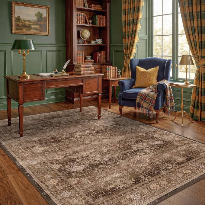 Boho Taupe Brown 5x7 Living Room Rug - Modern Vintage Traditional Oriental Neutral, Washable Low Pile Non-Slip Large Area Rugs for Nursery Dining Under Table