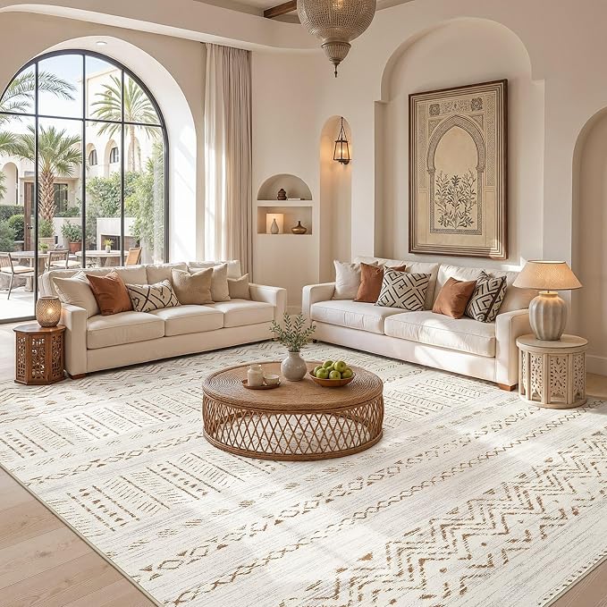 cotiled Boho 8x10 Area Rugs for Living Room: Large Moroccan Washable Rug | Stain Resistan Carpet for Bedroom Farmhouse Brown Cream