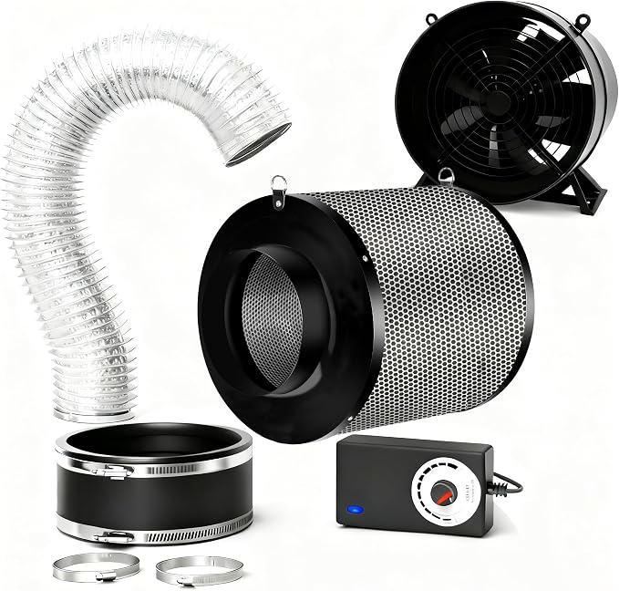 Air Filtration Kit, 6" 260 CFM Inline Duct Fan with Speed Controller, 8" High Carbon Filter, 8 Ft Ducting & Rubber Coupler, Air Cooling and Filtration Kit for Grow Tent, Hydroponics