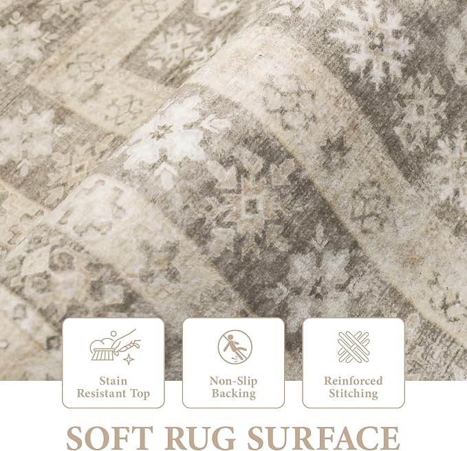 Area Rug for Living Room 9x12: Large Washable Boho Moroccan Rugs Geometric Floral Rug, Non-Slip Foldable Morden Farmhouse Indoor Floor Carpet for Bedroom Dining Table Home(FloralBrown, 9'x12')