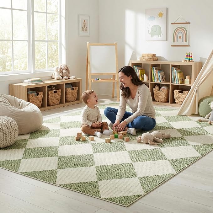 GarveeHome 4x6 Modern Checkered Area Rug Sage Green Washable Bedroom Rug | Soft Low Pile Non Slip Diamond Floor Mat Plaid Print Throw Rug Indoor Carpet for Nursery Room Dining Room Playroom