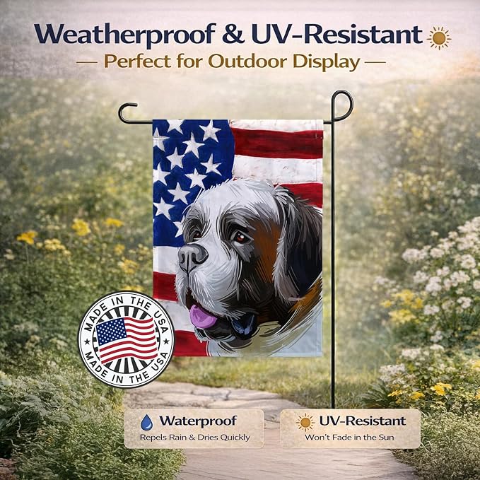 Caroline's Treasures CK6722GF Saint Bernard American Flag Garden Flag Mailbox Flag Decorative Yard Flag Banner Outside Patio Artwork Yard Flower Beds, Garden Size, Multicolor
