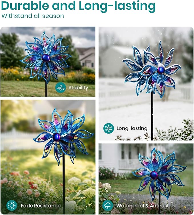 Solar Wind Spinner Outdoor Mandala Kinetic LED Garden Yard Art Decor | Hand-Crafted Art, 3D mandala wind spinner, Whisper-quiet dual bearings, Stable 5-prong stake, Blue Purple Fade