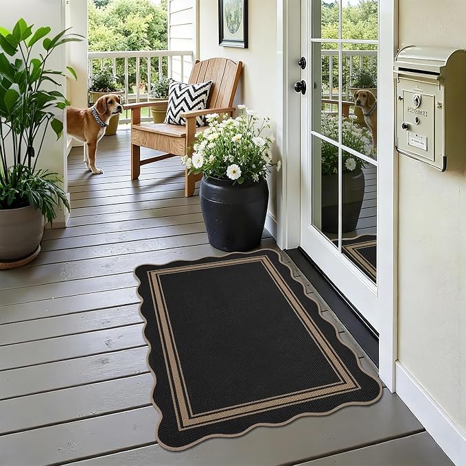 Easy Jute Kitchen Rug 2x3 Front Door Mat Washable Non Slip Entryway Rug Farmhouse Neutral Low Pile Black Scalloped Rugs for Entryway Proch Doorway