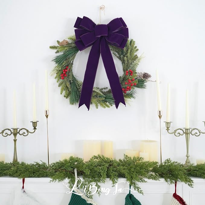 13" Purple Bow Pre-Tied Bow for Christmas Tree, Purple Velvet Ribbon Bow for Wreaths, Tree Toppers Bow, Premade Bow, Gift Bow for Party Favor, Christmas Home Indoor Outdoor Decor-1 Counts