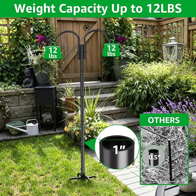 GOFORWILD Double Shepherds Hook for Outdoor, with 5-Prong Base, 84inch Adjustable Metal Bird Feeder Pole for Hanging Bird Nest, Plant Basket,Lantern,Solar Light 1 Pack