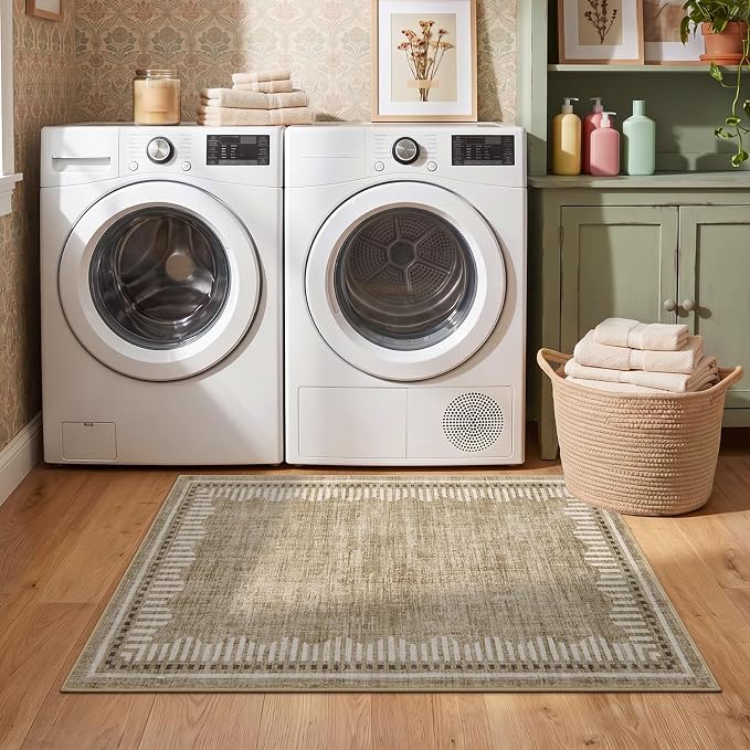 Garvee Small Area Rugs 2x3 Taupe Washable Entryway Scalloped Throw Carpet | Non Slip Solid Color Low Pile Living Room Bedroom Rugs Pet Friendly Modern Geometric Kitchen Front Door Nursery Doot Mat