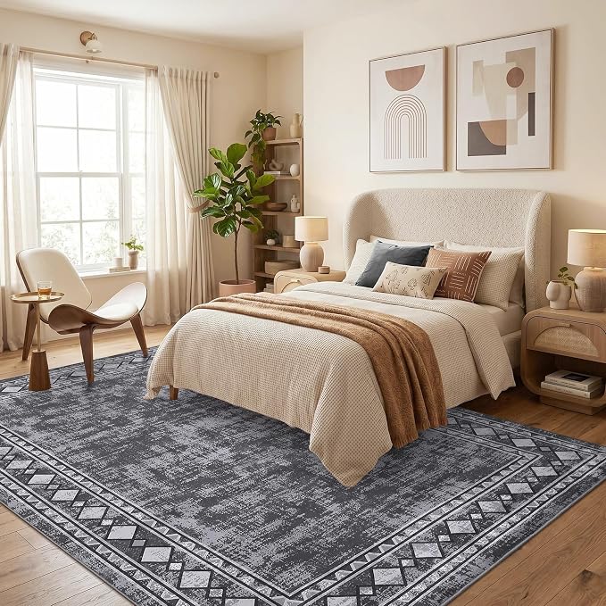 Garvee 8x10 Vintage Border Washable Rugs for Living Room Bedroom Rug, Grey | Boho Area Rug Stain Resistant Easy Cleaning Throw Rugs Low Pile Floor Cover for Nursery Dining Room Apartment