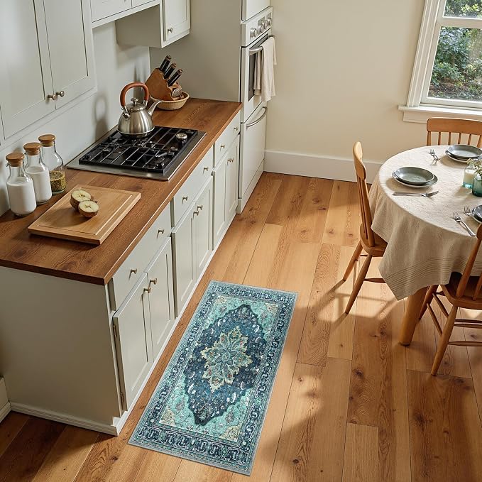 RELEANY Washable Area Rug, Small 2'x4', Teal | Non-Slip, Water Repellent, Pet Friendly, Easy to Clean, Vintage Floral Boho Decor for Kitchen Entryway Bathroom