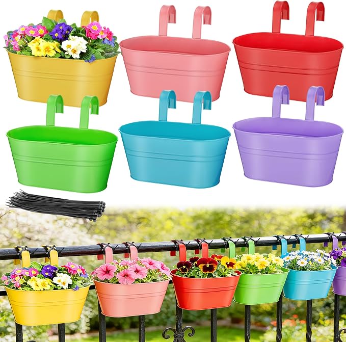 MADHOLLY Railing Planter with Drainage Holes - 6Pcs Sturdy Bucket Pots for Railing Fence, Countryside Style Metal Flower Pots for Herbs Balcony Garden Yard Decor, Colorful