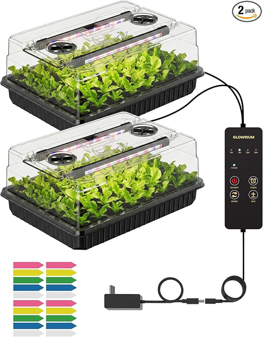 GLOWRIUM Seed Starter Tray with Grow Lights, 2 Pack 108-Cell Seed Starter Kit with 4.3" Humidity Dome, Indoor Seedling Starter Tray with 3/9/12/16h Timer, Adjustable Brightness Seed Starting Trays