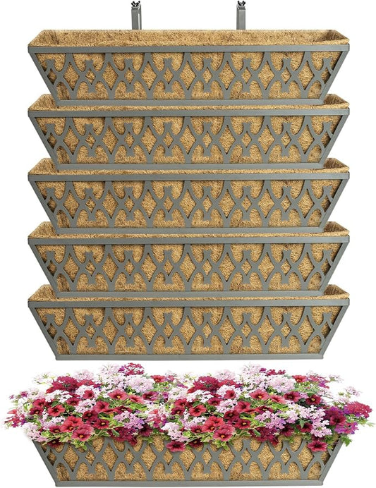 6 Pack 24 Inch Window Boxes Planters Railing Planter Box with Adjustable Brackets for Porch Fence Patio Balcony Hanging Flower Baskets with Coco Liners for Outdoor Garden Decor - Dark Grey