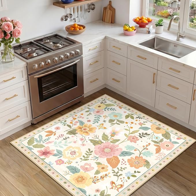RELEANY Floral Washable Square 5ft Area Rug Beige/White/Orange | Flower Carpet, Print, Boho, Non-Slip, Easy to Clean, Soft, Low Pile for Living Room Bedroom Kitchen Office Entryway Hallway