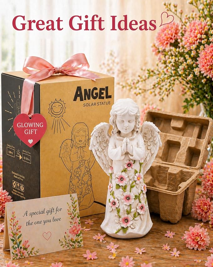 Solar Garden Outdoor Statues Angel with Succulent | 7 LED Lights, Lawn Decor Statue for Patio, Balcony, Yard Ornament, Gifts for Mom Grandma Women