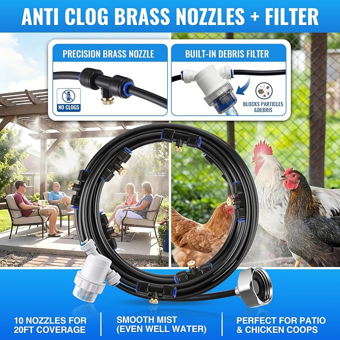 Dreyoo Misters for Outside Patio, 20FT Chicken Coop Misting Cooling System with 10 Brass Nozzles & Fliter & 3/4" Adapter, Outdoor Misting System for Garden, Greenhouse, Trampoline & Canopy
